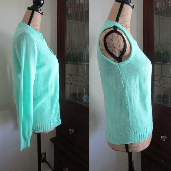 80s/90s Vintage Ms Today Mint Green Pointelle Cardigan Sweater Set Size 2 Pastel - Picture 3 of 16
